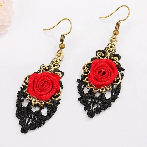 Jewelry - Red Flower Rose Lace Drop Earrings